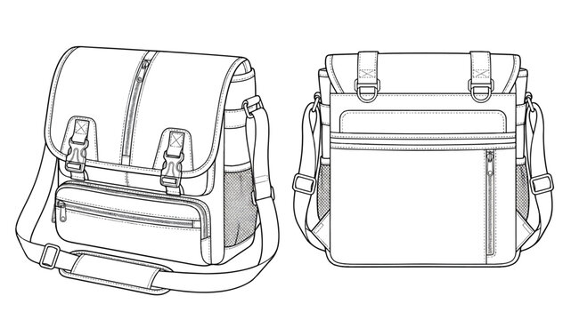 Messenger Bag Vector Template Technical Sketch Front and Back View Crossbody Bag Tech Pack