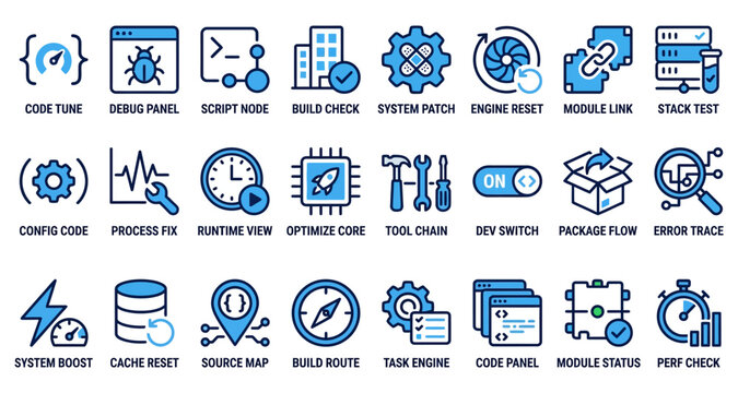 Software development icons for coding debugging and project management tasks Isolated on white background