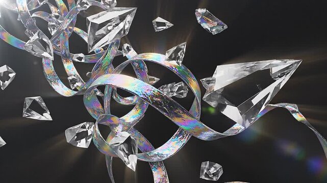 Holographic ribbons and diamonds scattered on dark background with light beams