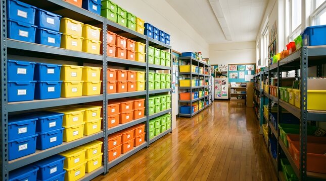 Organized classroom storage shelves with colorful plastic bins