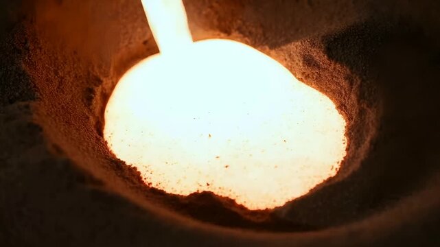 Bright glowing molten metal pouring in industrial foundry manufacturing factory
