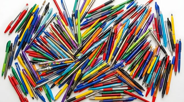 A large pile of assorted colorful pens arranged in a chaotic cluster
