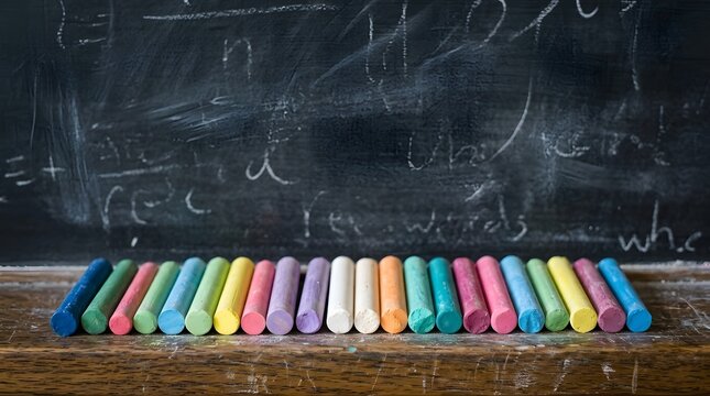 Colorful chalk sticks arranged in a row on a wooden ledge in front of a blackboard with mathematical formulas