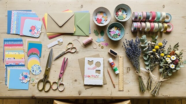 Flat lay of craft supplies including colorful paper, envelopes, washi tape, scissors, dried flowers, and glue on a wooden table