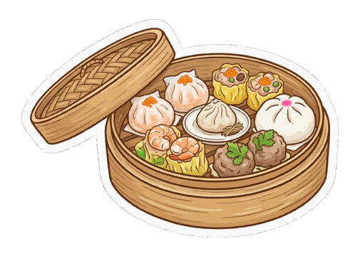 Traditional Chinese dim sum platter with siomai, har gow, and xiaolongbao in a bamboo steamer vector.