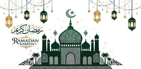 Ramadan Kareem Vector Illustration with Mosque Silhouette, Hanging Lanterns, Crescent Moon, and Arabic Calligraphy on White Background © MdRiazul