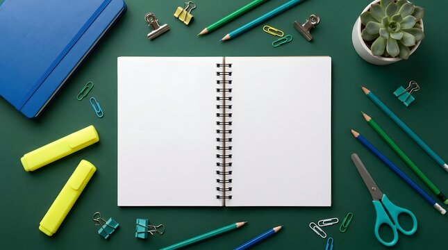 Flat lay of school and office supplies on a green background