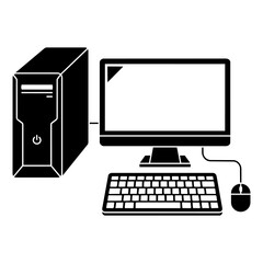 Fototapeta premium Desktop computer system silhouette icon featuring monitor tower keyboard and mouse computer technology hardware workstation keyboard electronic business equipment illustration isolated