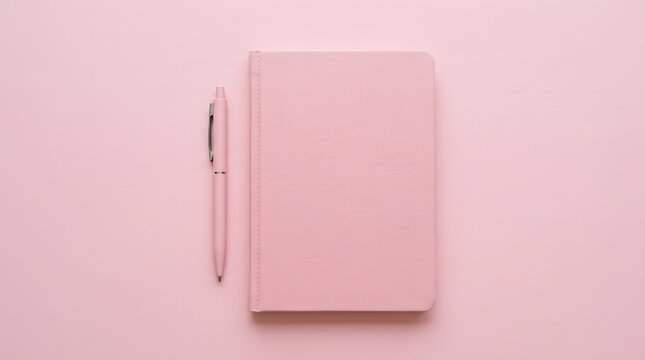 A pink notebook and a matching pen placed side by side on a soft pink background
