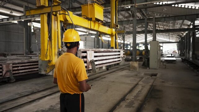 Heavy Equipment Operator Controlling AAC Block Machine Manually