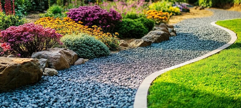 Beautiful Garden Landscape Featuring A Winding Gravel Path And Vibrant Colorful Blooms In Summer