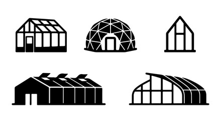 Greenhouse Icons Set, Modern Structures, Agricultural Building Designs, Geometric Domes, Garden Shelters © bissas