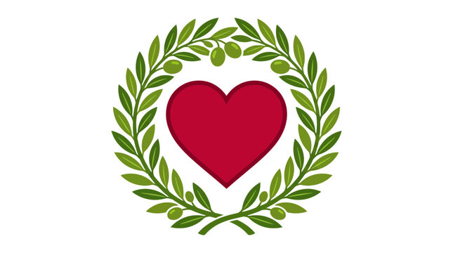Red Heart Inside Green Olive Leaf Wreath Emblem