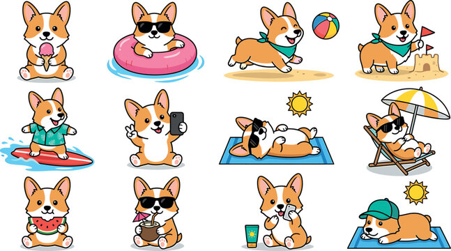 Cute cartoon welsh corgi dog summer vacation beach sticker vector set with surfing swimming sunbathing and eating ice cream illustrations