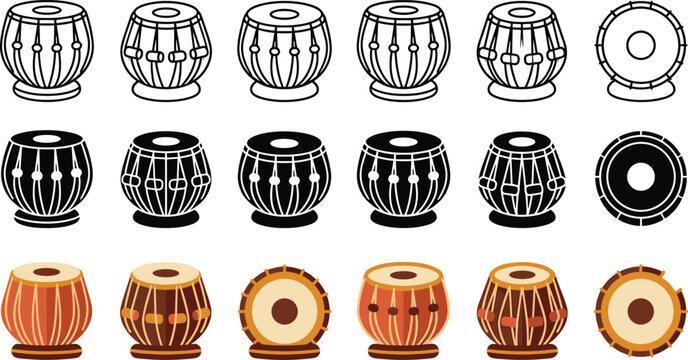 Indian Tabla Drum Collection Vector Set with Traditional Percussion Instruments, Classical Music Equipment and Cultural Festival Illustration Pack