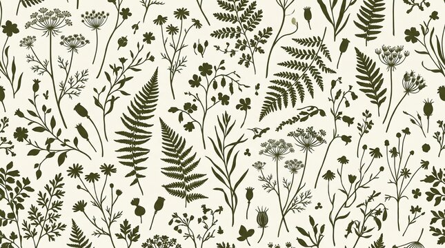 Detailed repeating pattern of stylized forest flora and wildflowers