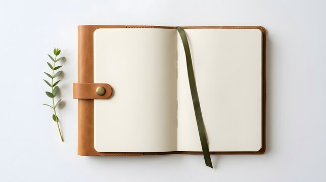 Open leather notebook with ribbon bookmark and eucalyptus sprig isolated on white background