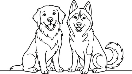 Dog Outline Illustration Collection Vector Set with Golden Retriever and Husky Puppy Characters, Pet Line Art and Domestic Animal Design Pack © MdJalal