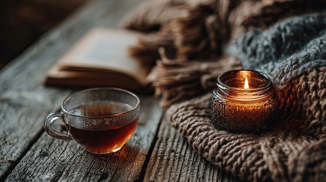 Cozy autumn aesthetic with aromatic herbal tea and a warm candle glowing by an opened thick book.