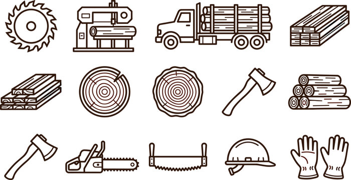 Lumberjack and Forestry Industry Icon Set with Timber Logs Wood Chainsaw Axe Sawmill Machinery and Logging Truck Symbols for Carpentry and Construction Business Designs