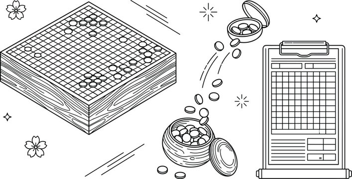 Isometric Go Board Game Vector Line Art Set Featuring Wooden Goban Table, Spilled Playing Stones, Bowls, and Tournament Score Clipboard Sheet