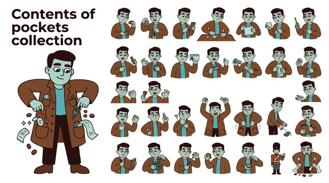Contents of pockets collection, cartoon man character showing personal items and money, flat vector set of male person with everyday objects