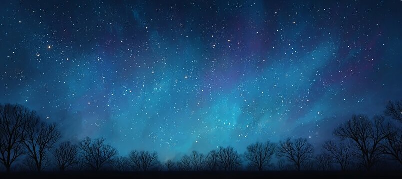 Stunning Night Sky Featuring Glowing Stars Above a Dark Forest Silhouetted During a Calm Evening