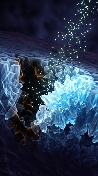 Enamel remineralization process, microscopic hydroxyapatite crystal lattice repaired by fluoride ions repairing early tooth enamel cavity cross section 3D medical visualization