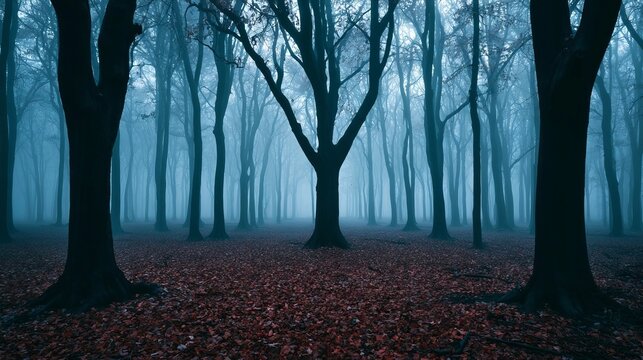 Misty Landscape of Atmospheric Autumn Woods with Dark Bare Trees and Fallen Red Foliage Ground