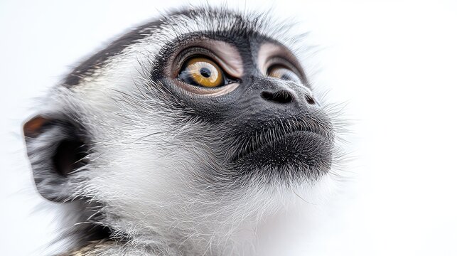 Baby monkey portrait, curious gaze, white background, wildlife