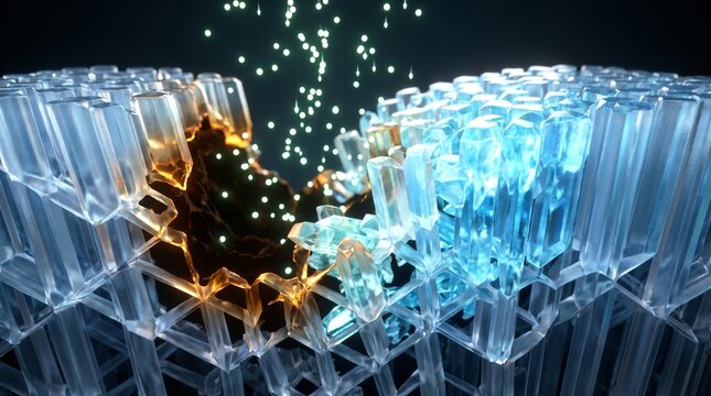 Enamel remineralization process, microscopic hydroxyapatite crystal lattice repaired by fluoride ions repairing early tooth enamel cavity cross section 3D medical visualization
