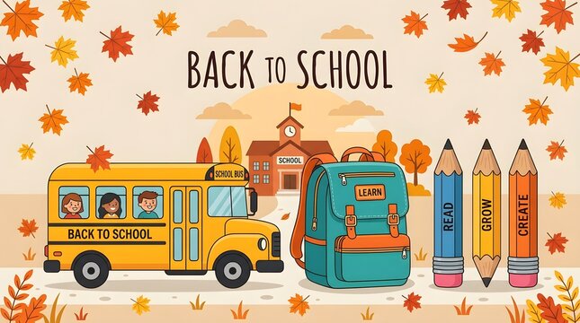 Back to school illustration with a yellow school bus, backpack, and giant pencils on an autumn background