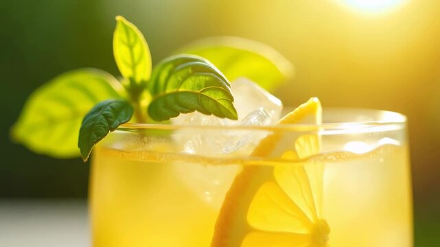 Cold pressed lemonade glass with ice cubes lemon slice and basil leaf in summer sunlight