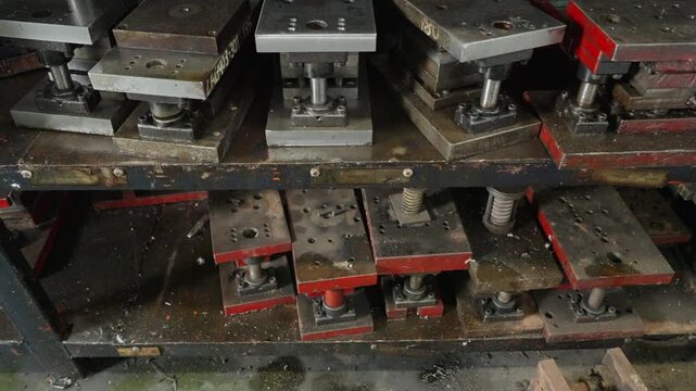 Assorted Metal Molds and Dies Arranged on Industrial Shelving