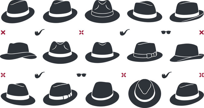 Fedora Hat Collection with Classic Gentleman Headwear Vintage Fashion Accessory Elegant Formal Style and Retro Vector Illustration Set