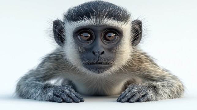 Baby monkey portrait, white background, wildlife