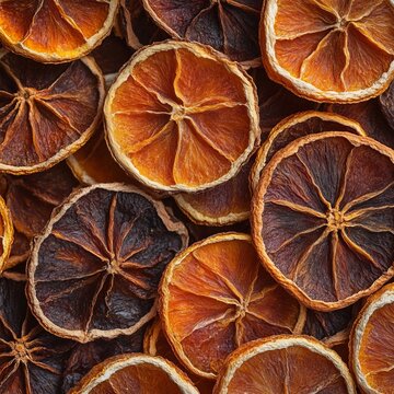 Full Frame Close Up Shot of Dehydrated Citrus Fruit Orange Slices Arranged in a Detailed Pattern