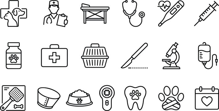 Veterinary and Medical Care Icon Collection Vector Set with Pet Clinic Equipment, Healthcare Tools and Animal Treatment Symbols Illustration Pack