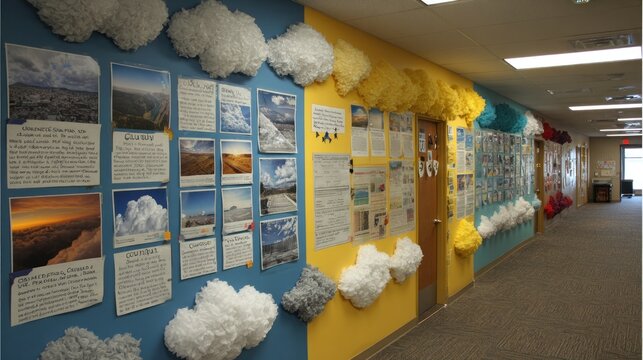 Hallway decorated with colorful walls, cloud cutouts, and educational posters