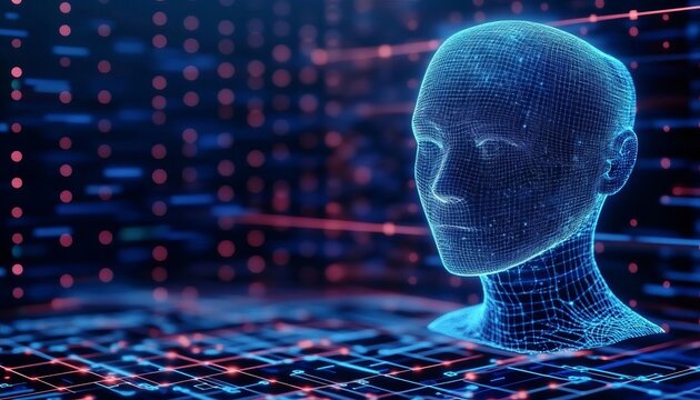 Cyborg Head Representing Advanced Artificial Intelligence Concepts on a Cybernetic Grid Background