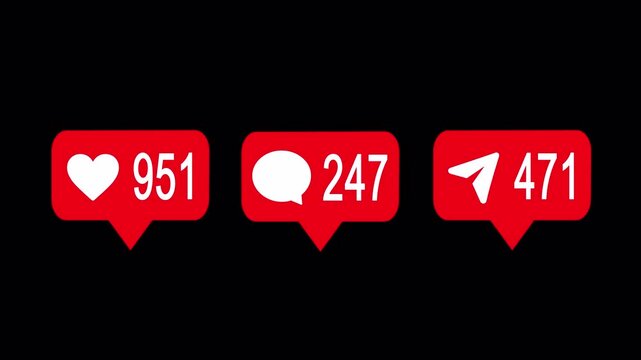 Social media interaction notification counter animation in red: like, comment, and share icons. Instagram overlay for boosting viral network growth, featuring alfa chanel