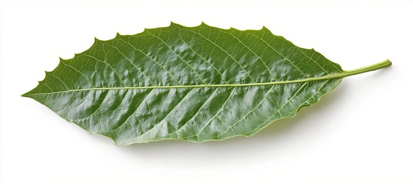 Single Green Cacao Leaf With Serrated Edges Isolated On White Background For Botanical Illustration