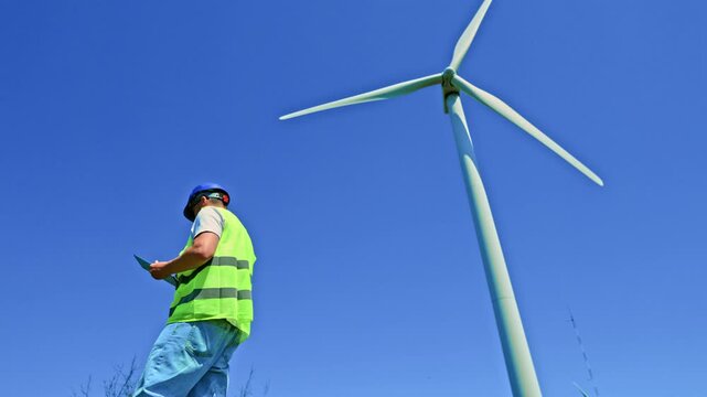 A windmill engineer stands in front of a wind turbine, looking at a device and taking notes. The scene is bright and the sky is blue.