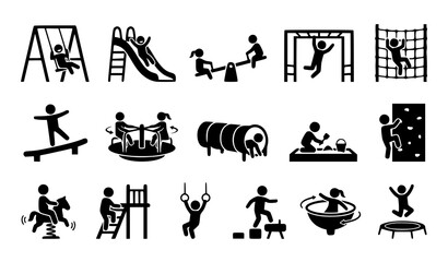 Obraz premium Children Playing on Playground Equipment Black Silhouette Activity Icon Vector Set