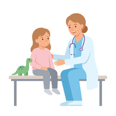 Obraz premium A kind female pediatrician in a white coat and blue scrubs comforts a worried young girl sitting on an examination table with a toy dinosaur.