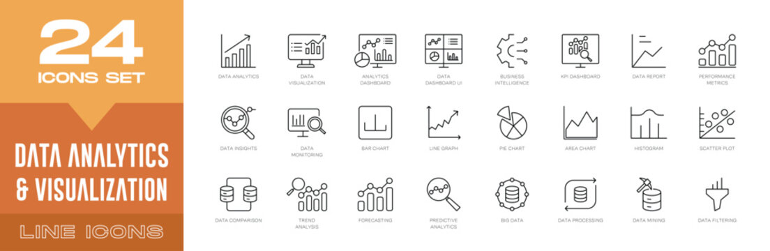 Data Analytics & Visualization Line Icons Set. Business Intelligence, Charts, Dashboards, Statistics, Reports, and Data Insights Vector Symbols.