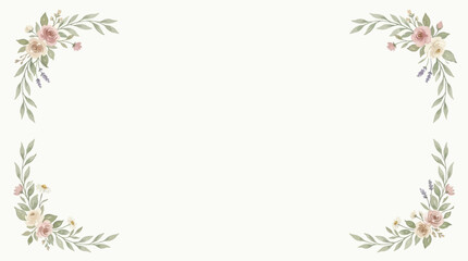 Delicate floral corner borders with soft pink roses and green leaves on a cream background, perfect for invitations or greeting cards. © Banana Milk