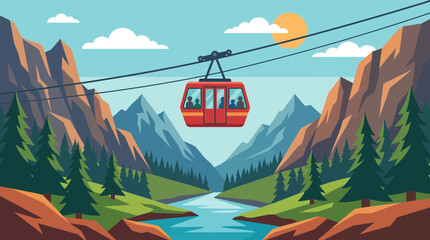 Cable Car Crossing Mountain Valley Vector Illustration © Bima