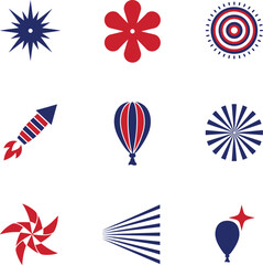 Obraz premium Patriotic Celebration Icon Set Star Rocket Balloon Sunburst Red White Blue Fourth July