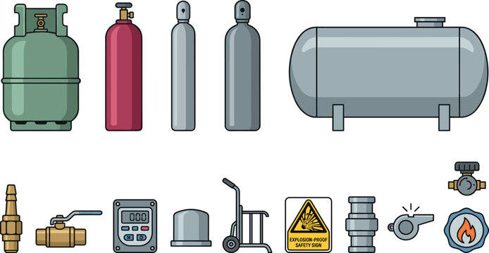 Industrial Gas Cylinder Vector Set with Household Steel Bottle, Acetylene Welding Tank, Carbon Dioxide, Fuel Storage Pod, and Safety Equipment Icons
